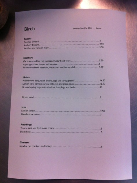 A sample menu from Birch Bristol