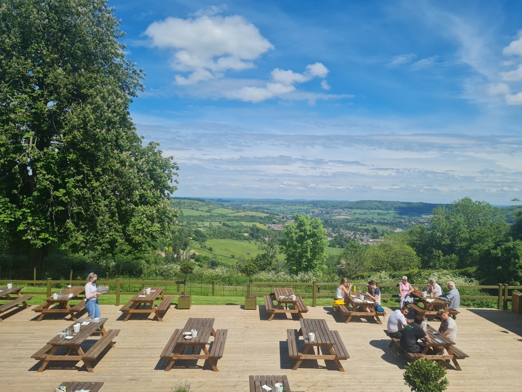 Thew view over the pub terrace and hills