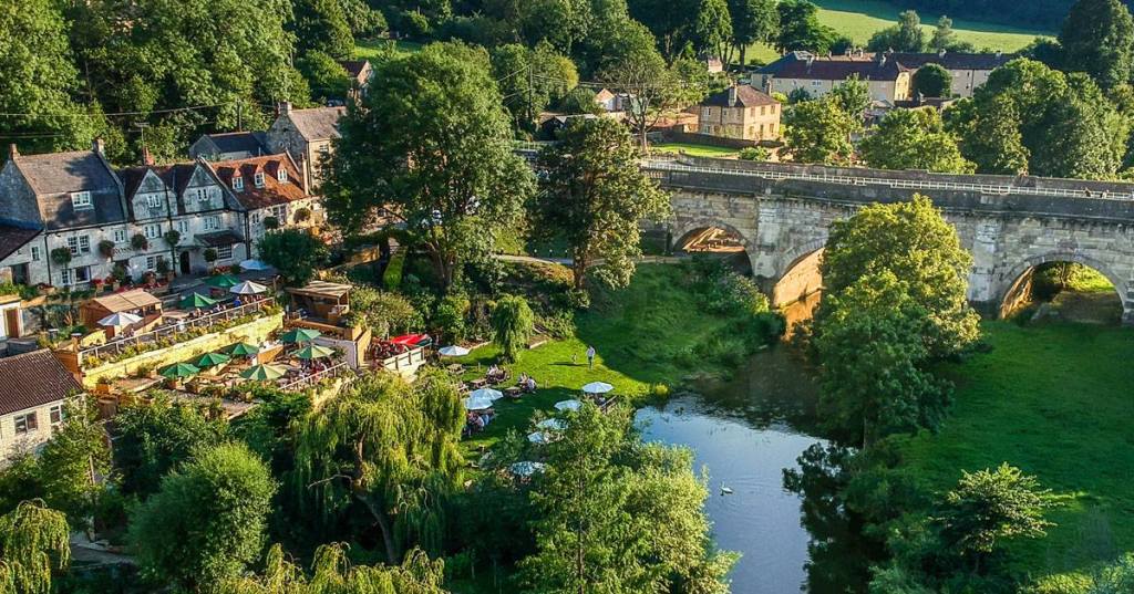 Overhead photo of The Cross Guns and river