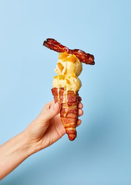 streaky bacon cone with vanilla ice cream, honeycomb, and maple syrup