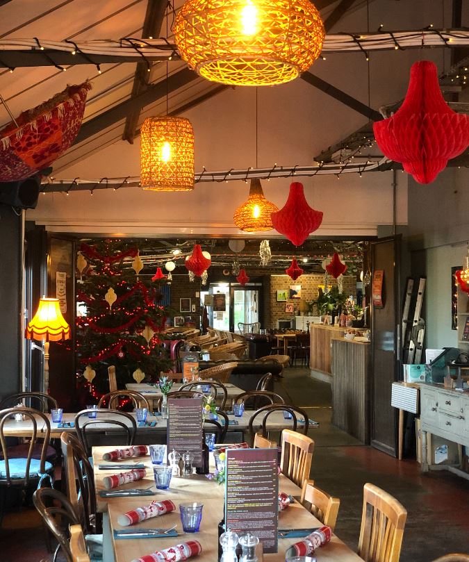 Restaurant decorated with festive decorations