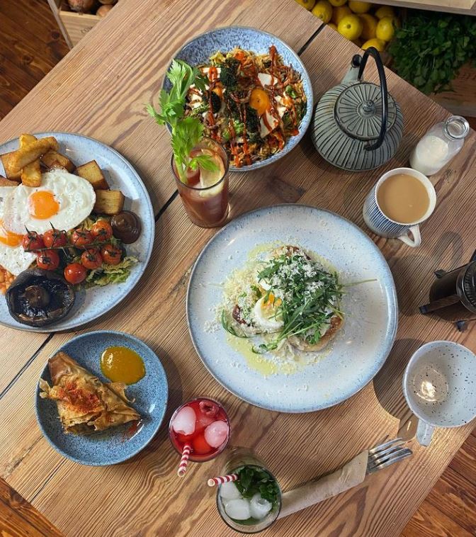 Brunch dishes on table