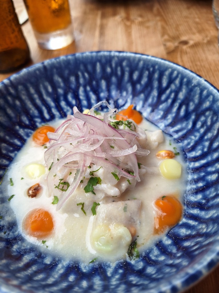 Plate of ceviche with slices of onion and dots of sauce
